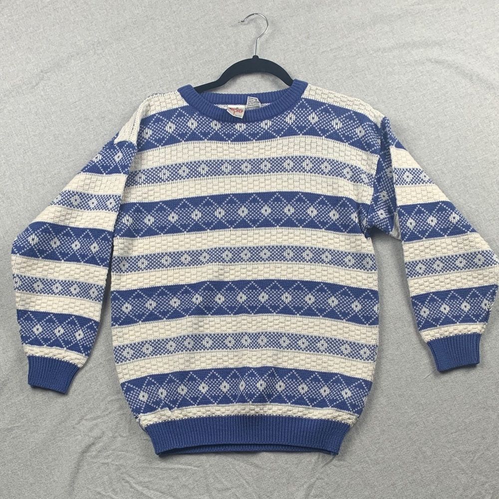 RADISHES & ROSES | LARGE KIDS VTG RETRO FAIR ISLE KNIT SWEATER | BLUE WHITE